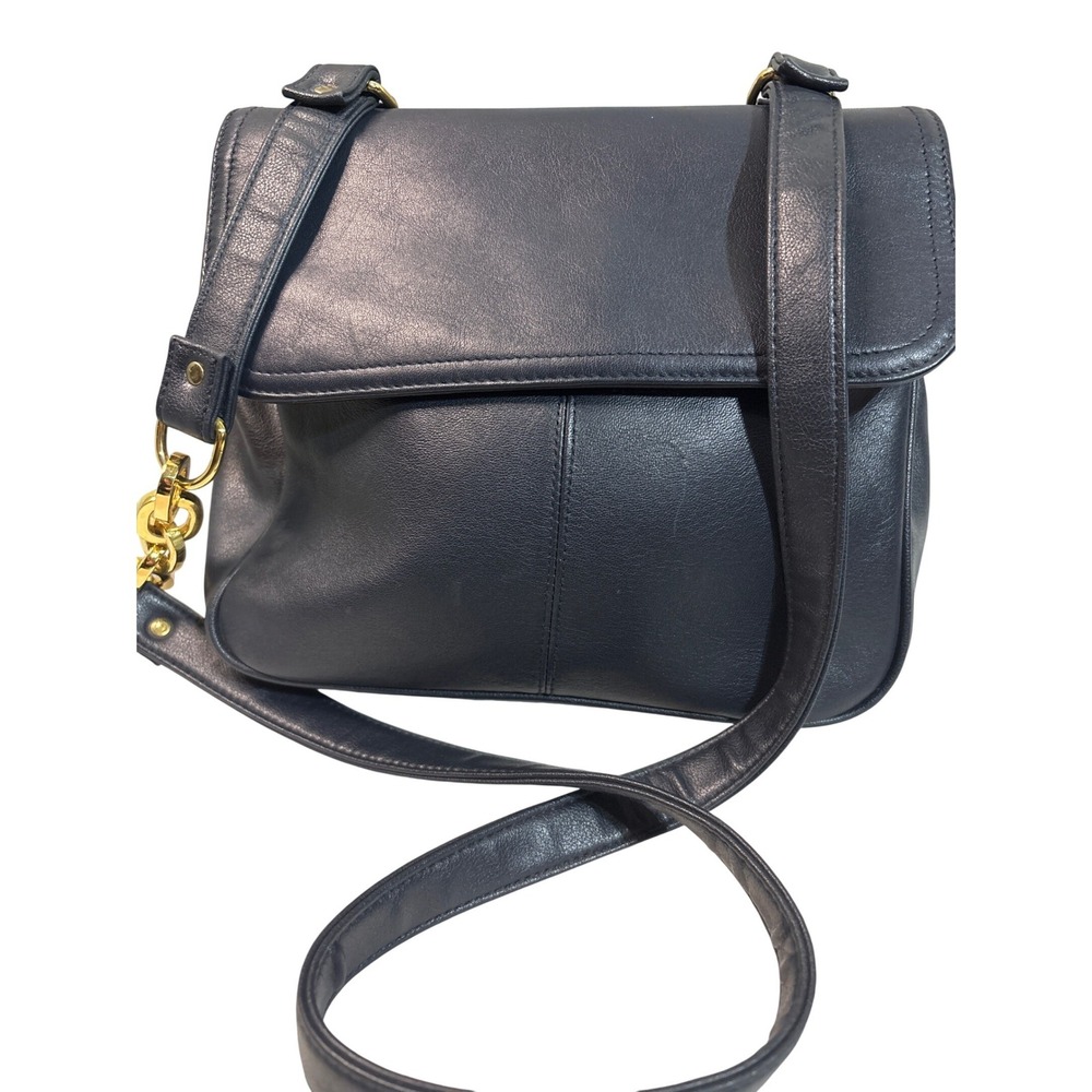 Navy Leather Shoulder Bag Flap‎ Gold Chain Detail Crossbody Purse
